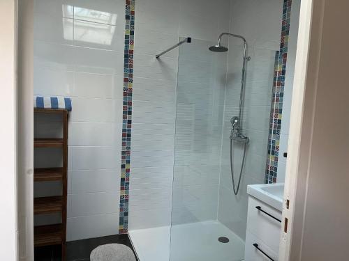a shower with a glass door in a bathroom at Entre terre et mer in Herbignac