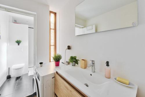 La salle de bains est pourvue d'un lavabo blanc et d'un miroir. dans l'établissement Appartement Eglise Notre-Dame-des-Calades, à Villefranche-sur-Saône