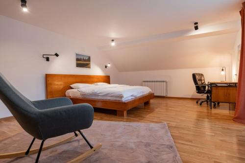 - une chambre avec un lit, un bureau et une chaise dans l'établissement La Moldo, à Moldoviţa