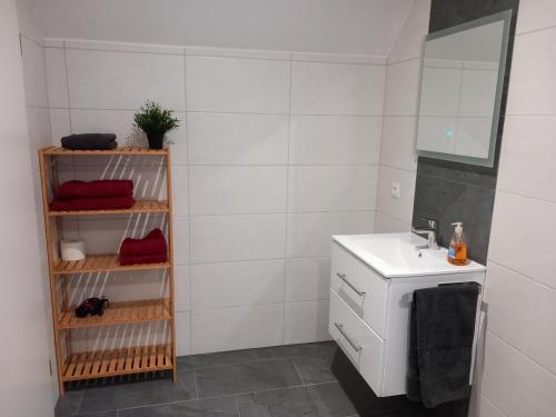 ein Bad mit einem Waschbecken und einem Spiegel in der Unterkunft Neubau: Ferienwohnung Im Suddenfeld - zentral und doch ruhig gelegen in Nordhorn