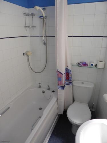 a bathroom with a tub and a toilet and a shower at Old Schoolyard Cottage in Sheringham