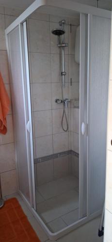 a shower with a glass door in a bathroom at Apartments Mory in Kornić