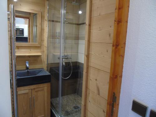a bathroom with a shower and a sink at Studio Valfréjus, 1 pièce, 4 personnes - FR-1-561-8 in Valfréjus