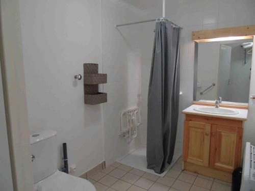 une salle de bain avec une douche, des toilettes et un lavabo dans l'établissement Appartement 3P Confort, 200m Télésiège, Equipé, 6 pers, Valfréjus - FR-1-561-80, à Valfréjus