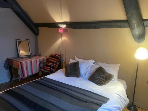 1 dormitorio con 1 cama con 2 almohadas en LE BURON DE PERRIER, en Saint-Urcize