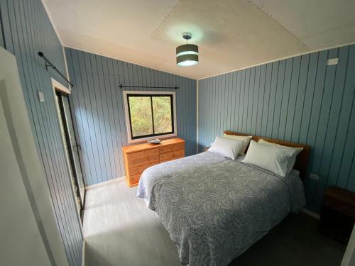 een blauwe slaapkamer met een bed en een raam bij Lodge Rio Mañio in Panguipulli