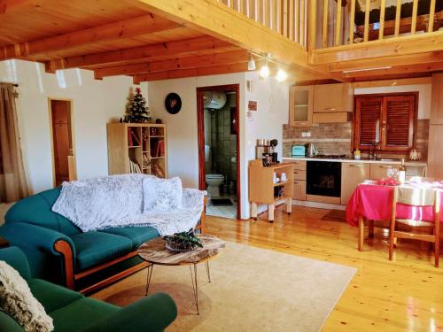 Olive Grove Chalet في نافباكتوس: غرفة معيشة مع أريكة خضراء ومطبخ