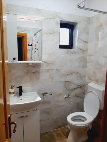 a bathroom with a toilet and a sink and a mirror at Vila Esperia Rânca in Ranca