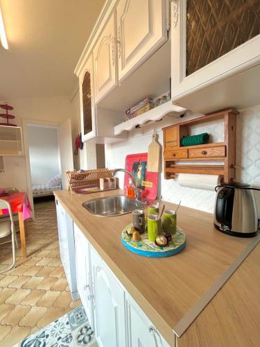 une cuisine avec un évier et un plan de travail dans l'établissement Biarritz - Beaurivage - Proche cote des Basques, à Biarritz