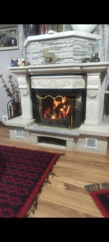 a fireplace in a living room with a fire in it at Vila Mariss in Korçë
