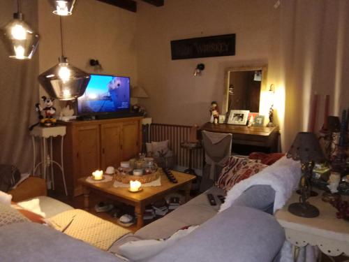 a living room with a couch and a tv at La Bougainvilliére in Cours