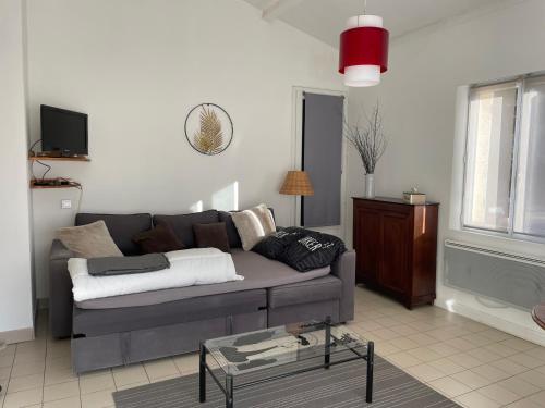 ein Wohnzimmer mit einem Sofa und einem Tisch in der Unterkunft Studio entre Aix et Marseille in Bouc-Bel-Air