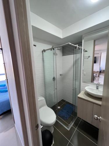 a bathroom with a toilet and a shower and a sink at Apto de lujo. Ricaurte-Girardot in Ricaurte