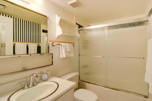 ein Badezimmer mit einem Waschbecken, einem WC und einem Spiegel in der Unterkunft Pet-Friendly Mesa Retreat with Patio and Pool Access in Mesa