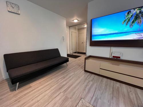 Apartment Künzelsau في كونتسلزاو: غرفة معيشة مع أريكة وتلفزيون بشاشة مسطحة كبيرة