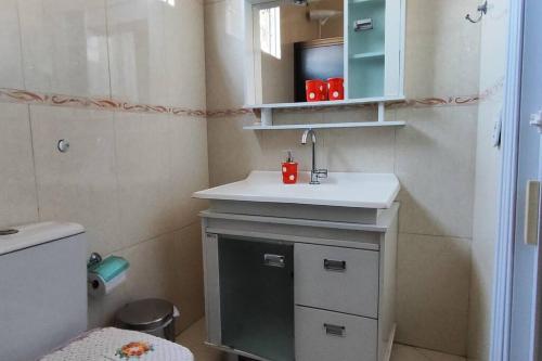 a small bathroom with a sink and a toilet at Aconchego perto das Cataratas. in Foz do Iguaçu