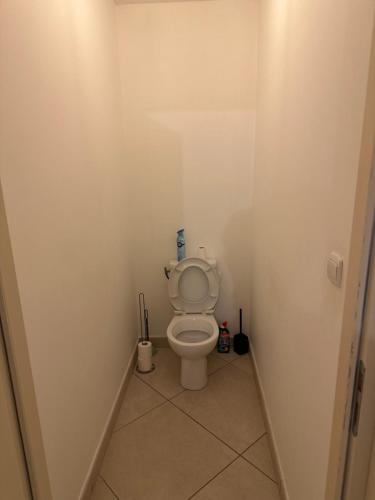 uma pequena casa de banho com WC numa cabina em Appartement 8 personnes max em Villelongue-de-la-Salanque