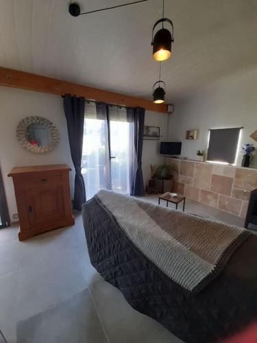 ein Schlafzimmer mit einem großen Bett in einem Zimmer in der Unterkunft Gîtes, maisonnette de charme in Crestet