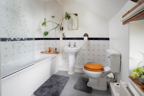 a bathroom with a toilet and a sink and a tub at Traditional Cornish Cottage in the Countryside. in Gwinear