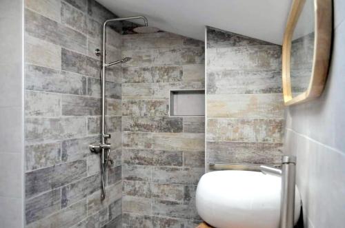 a bathroom with a sink and a shower at Vila Eruga- Apartament 3 in Poiana Mărului