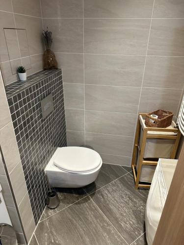 a bathroom with a toilet and a tiled wall at Lovely Family Suite in Prague