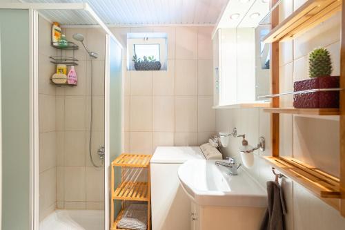 a bathroom with a sink and a shower at The Secret Garden at Villa Georgia Kalamata in Kalamata