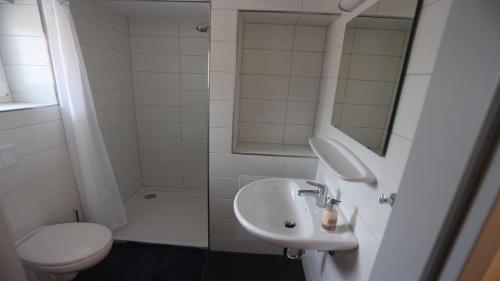 a bathroom with a sink and a toilet and a mirror at Feriendorf am Flämingbad Bungalow Nummer 23 in Coswig