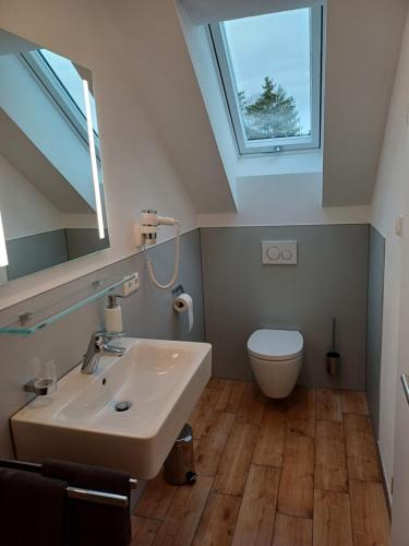 a bathroom with a sink and a toilet and a skylight at Bianca's Ferienwohnungen in Giebelstadt