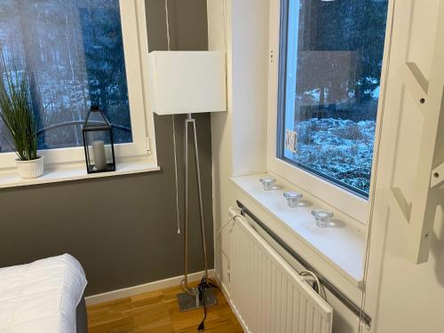 伊德烈的住宿－Fjällkåken，一间带灯和两扇窗户的卧室