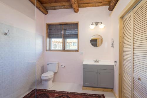 a bathroom with a toilet and a sink and a window at Willow Street Cottages in Bluff