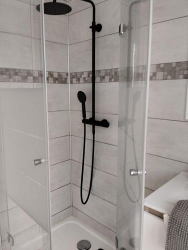 une douche avec une porte vitrée dans une salle de bain dans l'établissement Petite maison de ville ernée centre, à Ernée