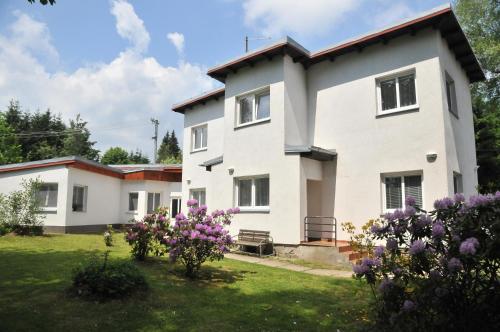 a white house with flowers in the yard at Penzion Ve Vile in Tři Studně