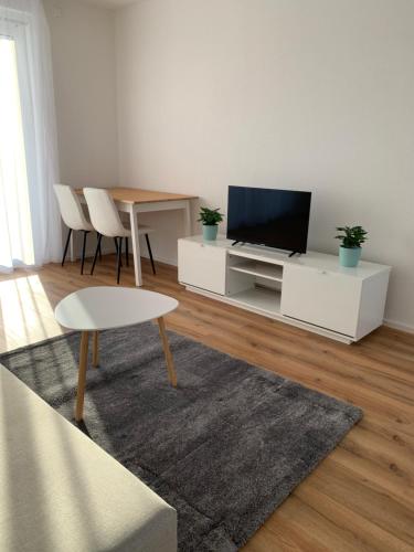 - un salon avec une télévision et une table dans l'établissement Wohnung in Reutlingen, à Reutlingen