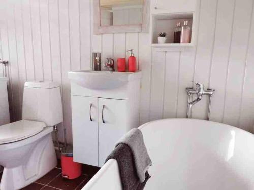a bathroom with a white tub and a toilet at Holiday Appartement in Brevik in Porsgrunn