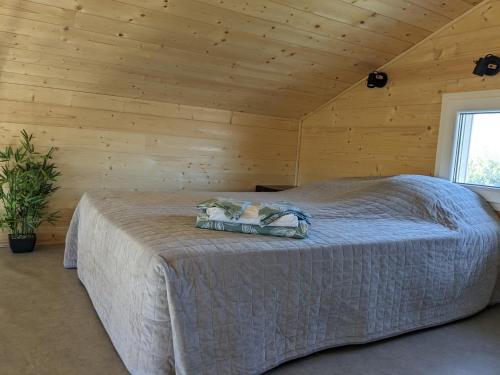 une chambre avec un grand lit dans une pièce en bois dans l'établissement Le Petit chalet - 2 étoiles au classement tourisme, à Birac-sur-Trec