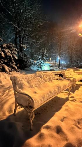 a bed sitting in the snow at night at Dom Puchacza w Lądku-Zdroju in Lądek-Zdrój