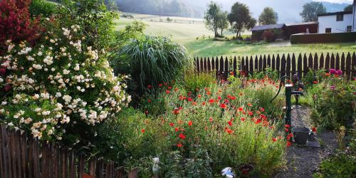 a garden with flowers and a wooden fence at Abenteuerhof in Weißenbach