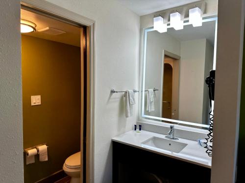 een badkamer met een wastafel, een spiegel en een toilet bij Sleep Inn Savannah Gateway I-95 in Savannah