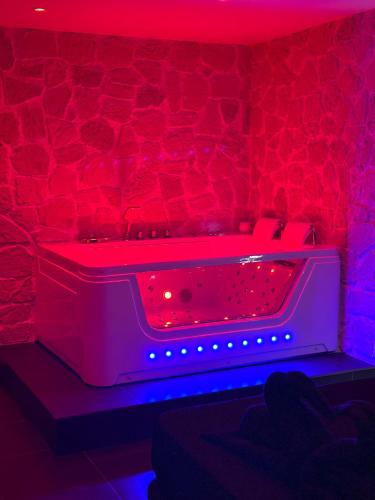 a red and white tub in a room with a brick wall at Msroom in Le Val-dʼAjol