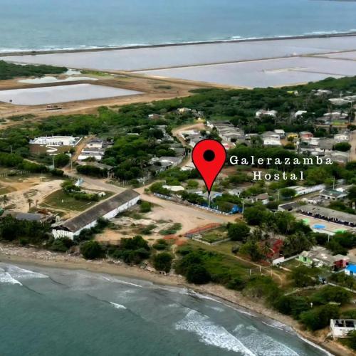 an aerial view of a beach with a red marker at Galerazambahostal in Galerazamba