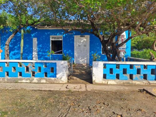 a blue house with a tree in front of it at Galerazambahostal in Galerazamba