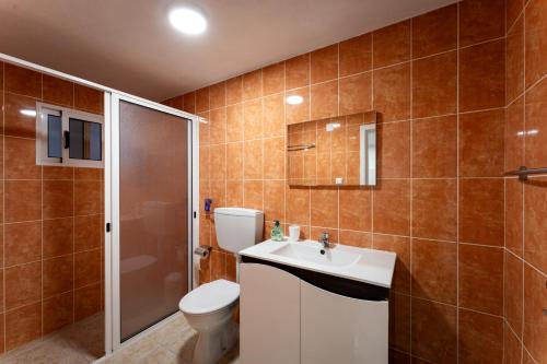 y baño con aseo, lavabo y ducha. en Fisherman's house, en Porto Moniz