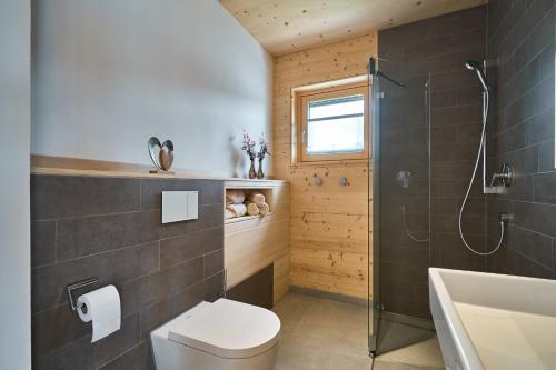 a bathroom with a toilet and a shower and a sink at Naturferienwohnung Weitsicht in Elzach