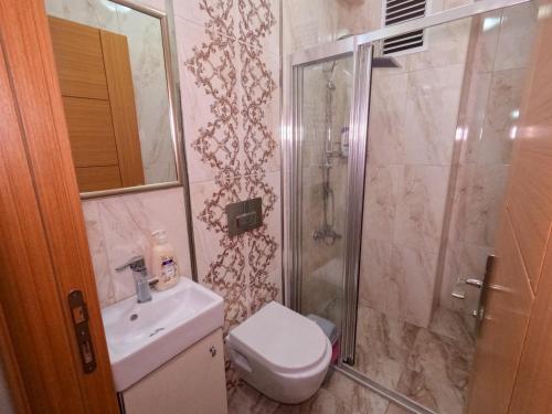 a bathroom with a shower and a toilet and a sink at Big Historia Apartment in Istanbul