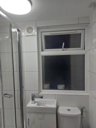 a bathroom with a toilet and a sink and a window at De lick strawberry studio in London