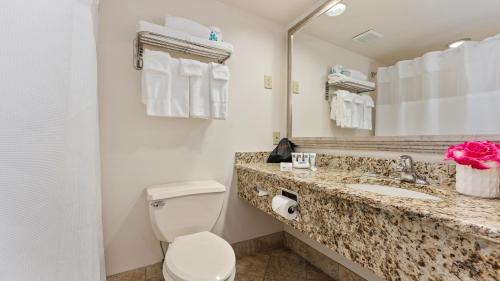 a bathroom with a toilet and a sink and a mirror at La Mer Beachfront Resort in Cape May