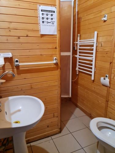 a bathroom with a toilet and a sink at Domki Energetyk in Pogorzelica