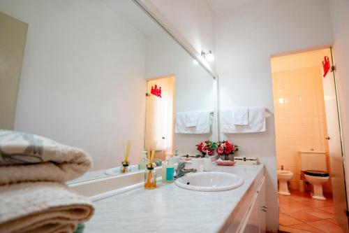La salle de bains est pourvue d'un lavabo, de toilettes et d'un miroir. dans l'établissement Appartamento Margaritone, à Arezzo