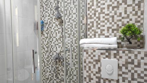 bagno con doccia e porta in vetro di Allurian Apartment - City kvart a Podgorica