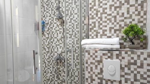 a bathroom with a shower with a glass door at Allurian Apartment - City kvart in Podgorica